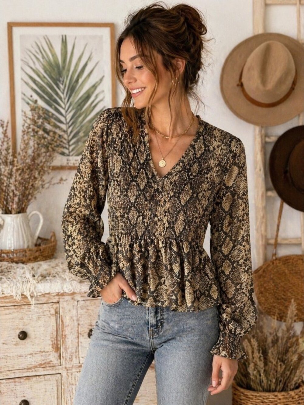 Zara snake print smocked boho peplum blouse long sleeve size L